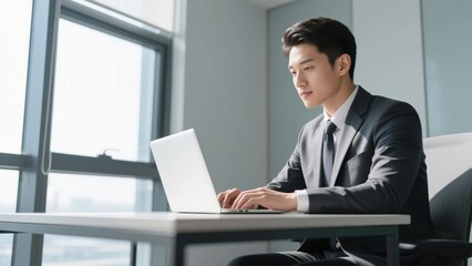 Suited professional working on laptop at bright desk