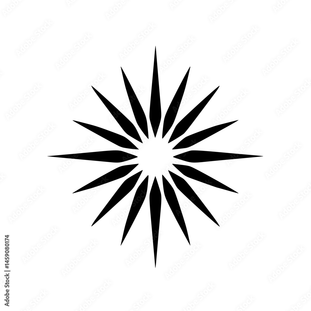 Poster stylized black icon representing a compass rose with sharp lines and symmetrical design suitable for