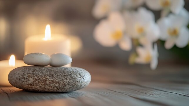 Serene spa setting with candles, smooth stones, and blurred white orchids, creating a peaceful and relaxing atmosphere. : Generative AI