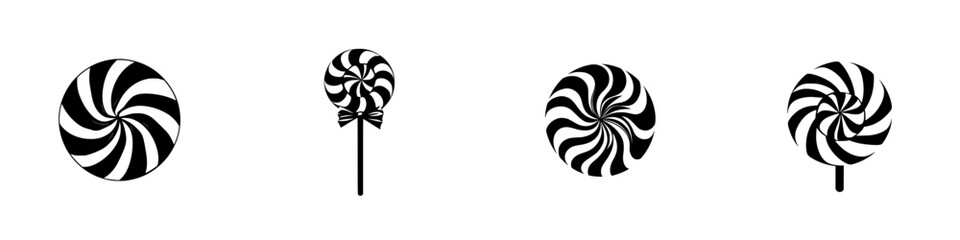 Colorful and playful flat black icon of different lollipop designs suitable for various creative projects