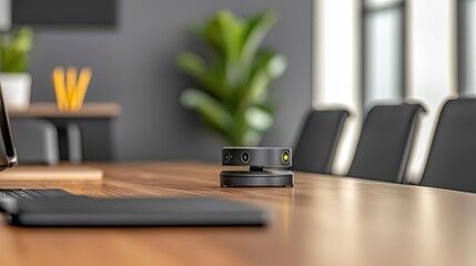 Modern conference room device on light wood table.