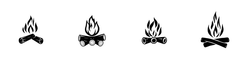 Flat black icons representing campfire structures suitable for outdoor activities and camping experiences