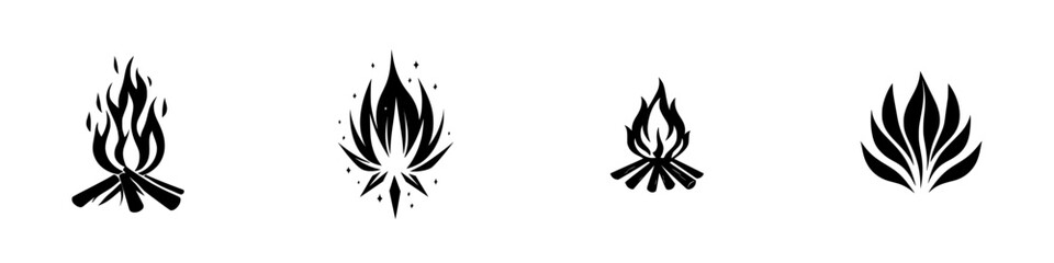 Various styles of flat black campfire icons for outdoor and adventure themes