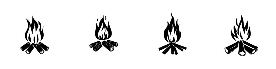 Campfire flames in flat black icon design representing warmth and outdoor gatherings during evenings