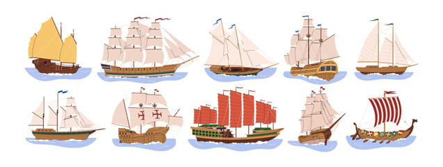 Old ships set. Vintage ancient sailboats. Wooden sail boats, historical sea maritime transport, marine wood vessels. Nautical navy history. Flat vector illustration isolated on white background © Good Studio