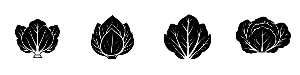Obraz premium Black icon set of various types of lettuce showcasing distinct shapes and designs for culinary and agricultural purposes