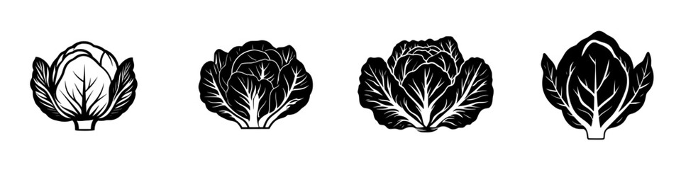 Flat black icons of various types of cabbages arranged side by side for design and illustrative purposes