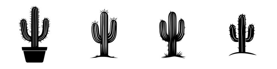 Flat black icons representing various types of cacti in different shapes and sizes for decorative use