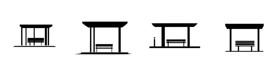 Flat black icons of bus stops showcasing various designs for public transportation facilities