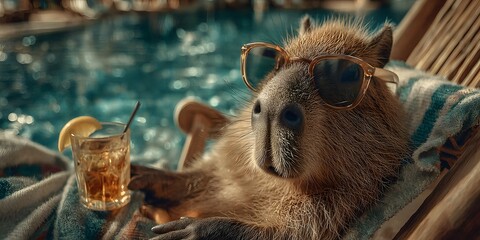 Obraz premium Roasted turkey sits on a beachside dining table garnished with rosemary, overlooking ocean waves under clear blue sky, wine glasses adding elegance to the setting. 