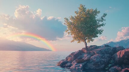Idyllic scene of a solitary tree on rocky outcrop, rainbow over serene lake