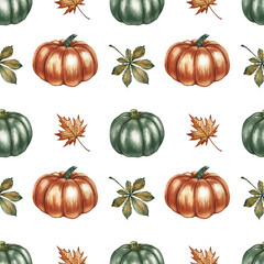 Seamless autumn pattern with pumpkins, leaves and flowers. Handmade watercolor illustration. Color image. For packaging, decor, textiles and wallpaper. As well as for printing, wrapping paper.