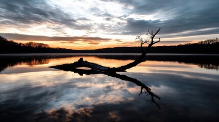 Naklejka premium Silhouette of a fallen tree branch in a calm lake at sunset, reflecting the colorful sky and clouds in the still water. : Generative AI