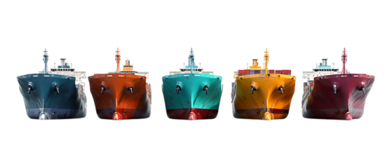 Pack of Colorful Ship Models Row of Five Unique Vessels set against transparent background