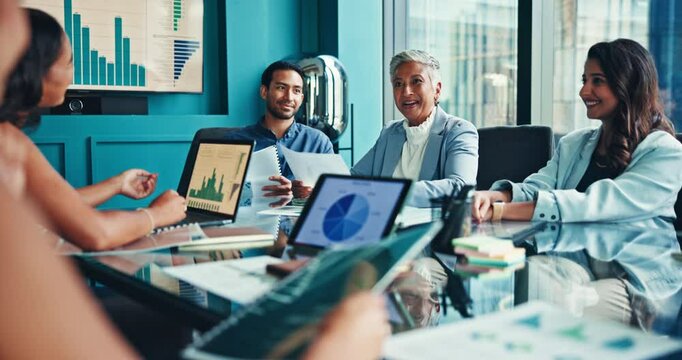 Business people, meeting and discussion with team for analytics, company performance or review. Group, employees or colleagues with technology or documents for analysis or statistics at conference