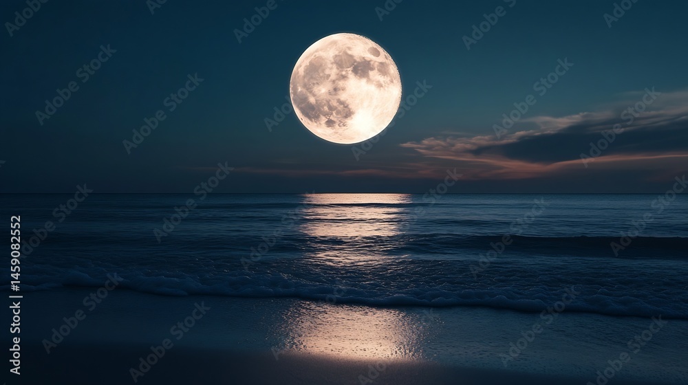 Aufkleber serene nightscape featuring a large full moon rising over a tranquil ocean, casting a soft glow on t