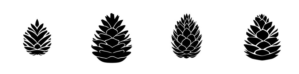 Black silhouette of various pine cones arranged in a row on a white background showcasing unique shapes and sizes