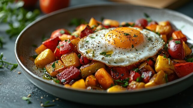Colorful roasted vegetable hash with fried egg