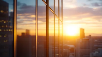 Keuken achterwand Reflectie Golden sunset hues reflected in modern skyscraper windows, showcasing a blurred cityscape panorama at dusk.  The image offers a warm, inviting feel, ideal for corporate or real estate  : Generative AI  © Generative AI