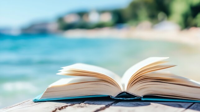 Open book rests on weathered wood, facing a sun-drenched beach and turquoise ocean; summer vacation reading concept. : Generative AI - Powered by Adobe