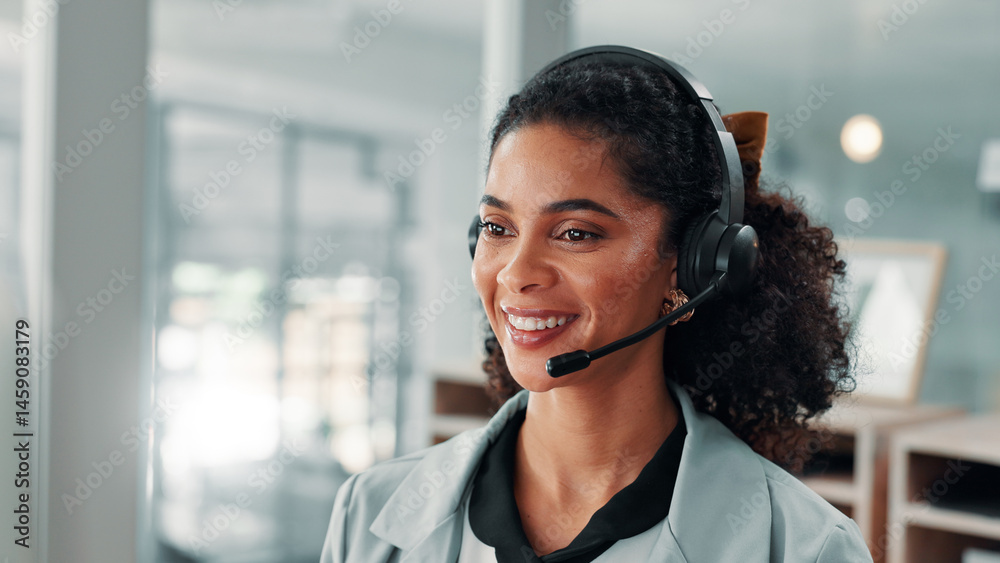 Poster business, woman and callcenter agent with smile for customer service, mic and operator for help desk