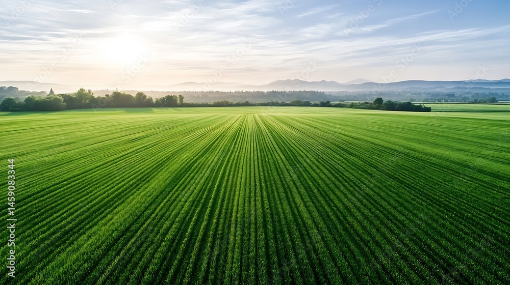 Poster aerial view of a vast, vibrant green field stretching to a hazy mountain range under a serene sunris
