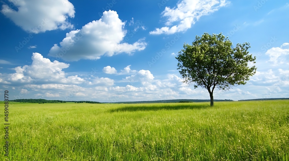 Poster single tree standing in a vast green field under a bright blue sky with fluffy white clouds. serene 