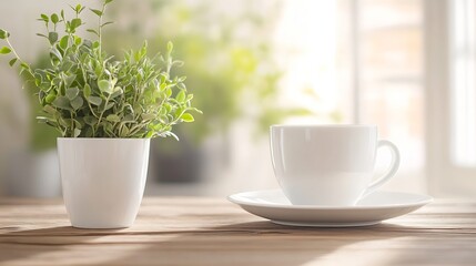 A white coffee cup and saucer rest on a rustic wooden table next to a small potted plant, bathed in soft sunlight streaming from a nearby window. : Generative AI