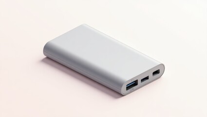 Wireless Power Bank. Portable silver power bank charger with dual USB ports lying on light background for travel, tech gadgets, mobile devices, emergency use, modern design, minimalistic style, clean