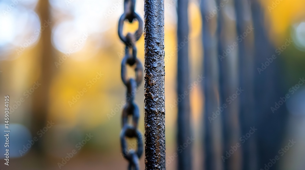 Aufkleber close-up view of a rusty metal chain linked to a weathered, dark iron post, blurred autumnal backgro