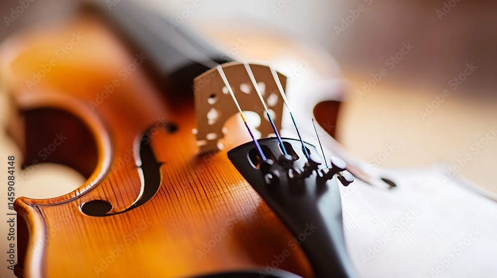 Aufkleber close-up view of a violin's bridge and strings, showcasing the intricate detail and craftsmanship of