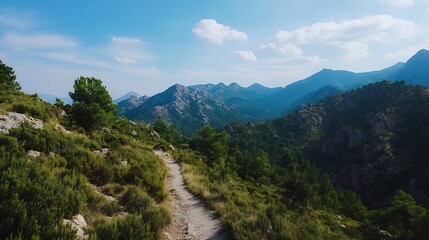 Obraz premium A scenic mountain trail winds through lush green vegetation, offering breathtaking views of majestic peaks under a vibrant blue sky with fluffy clouds. : Generative AI