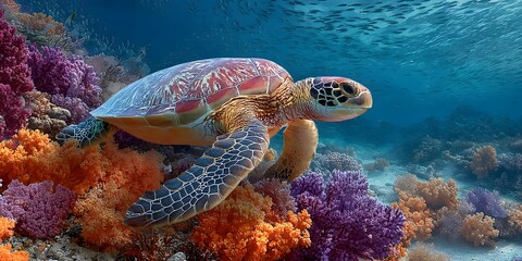 Fototapeta premium Underwater scene features a sea turtle resting on a vibrant coral reef with orange, red, and purple hues, surrounded by small fish in deep blue water, detailed shell texture. 