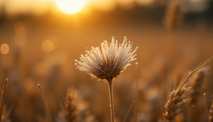 Golden field with dandelion in sunlight