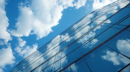 Modern glass skyscraper reflecting blue sky and fluffy white clouds, low angle view showcasing architectural design and urban landscape. : Generative AI