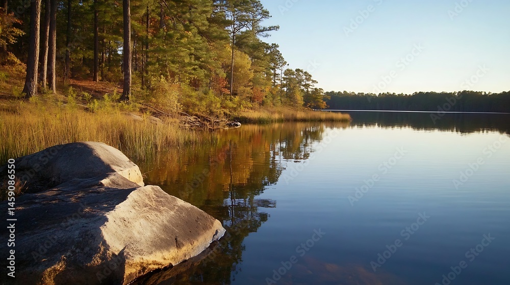 Poster serene autumnal lake scene with calm water reflecting golden trees and large rocks at the shoreline,