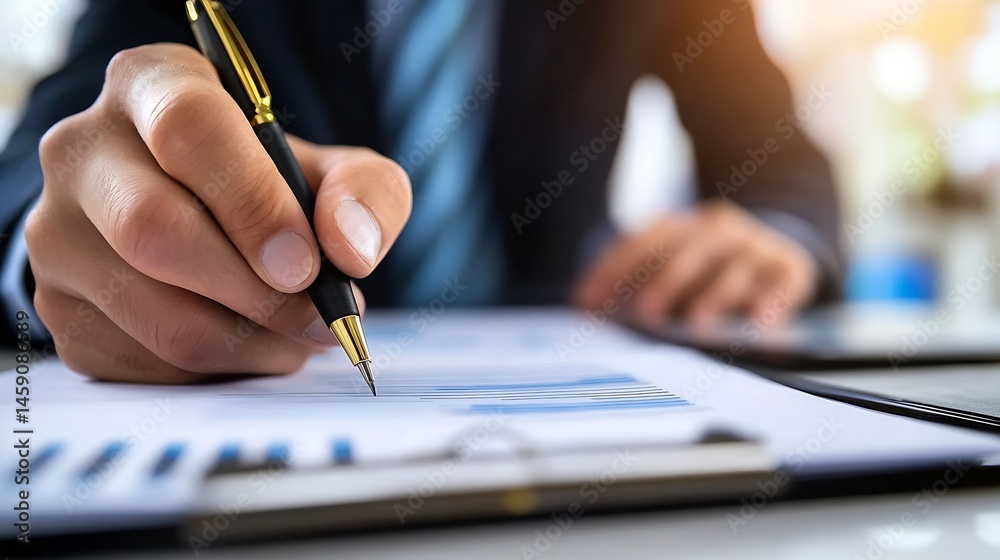 Poster close-up of a businessman's hand signing documents with a gold-accented pen, reviewing financial cha