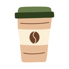 Takeaway coffee cup with green lid, eco-friendly reusable drink container, hot beverage to-go, minimalistic coffee shop icon, organic morning drink, hand-drawn simple vector illustration, flat style.