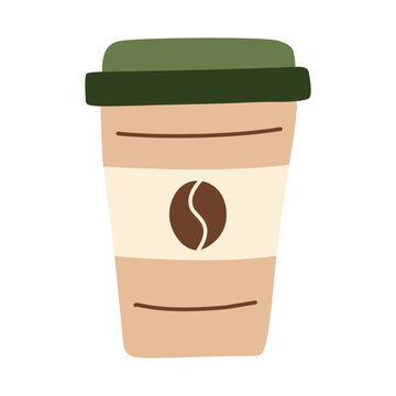 Takeaway coffee cup with green lid, eco-friendly reusable drink container, hot beverage to-go, minimalistic coffee shop icon, organic morning drink, hand-drawn simple vector illustration, flat style.