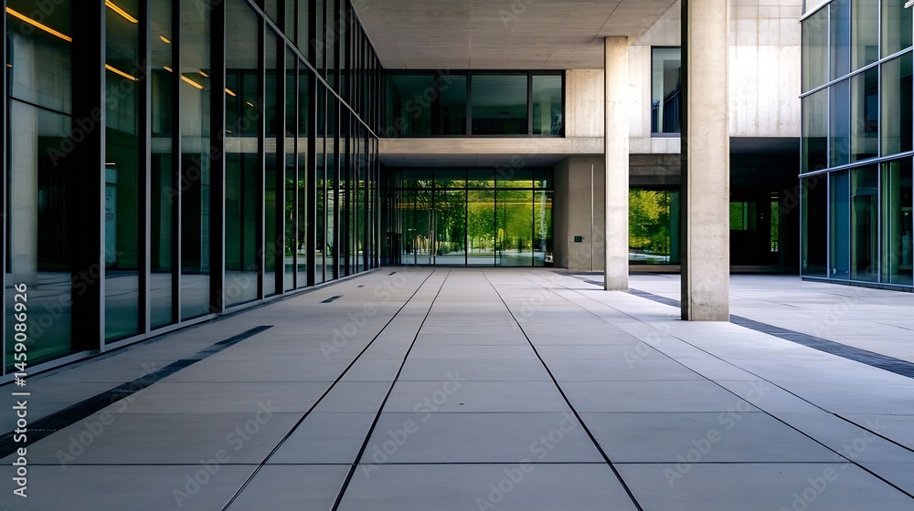 Poster modern building exterior with glass facade and concrete pillars, showcasing a minimalist architectur
