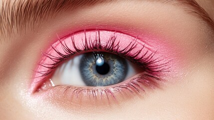 Obraz premium Close-up shot of a captivating eye with delicate pink eyeshadow and long lashes, showcasing a mesmerizing light grey iris.