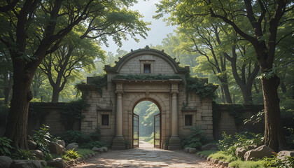 Ancient Stone Gate Framed by Trees