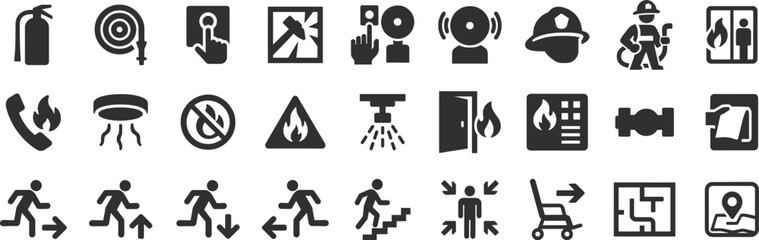 Fire safety and evacuation glyph icon set. Vector pictograms of sprinkler system, extinguisher, hose, firefighter helmet, smoke detector, flammable, black sign silhouette illustration.