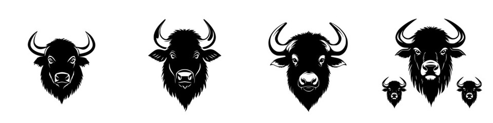 Black icon set featuring four stylized bull heads in varying designs for versatile graphic usage