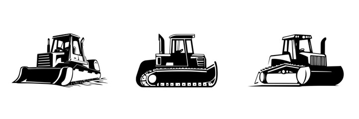 Flat black icons representing different types of bulldozers commonly used in construction and earthmoving activities
