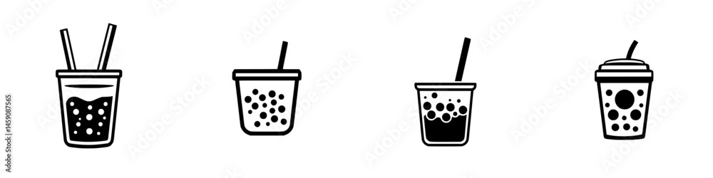 Poster various flat black icons representing different drink types with straws and bubbles in a minimalisti
