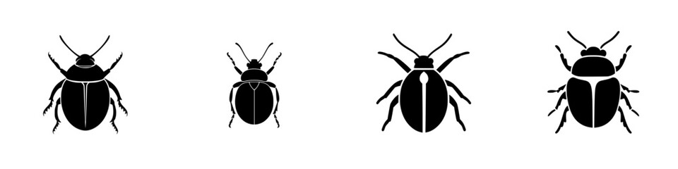 Flat black icons of various beetle silhouettes showcasing details like size and shape in a simple design