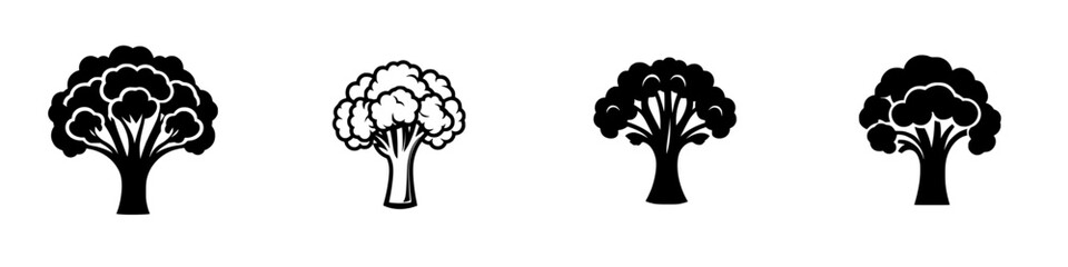 Various flat black tree icons showcasing diverse shapes and designs for digital illustrations and graphic design use