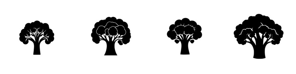 Variety of flat black tree icons representing different shapes and styles for design or digital use