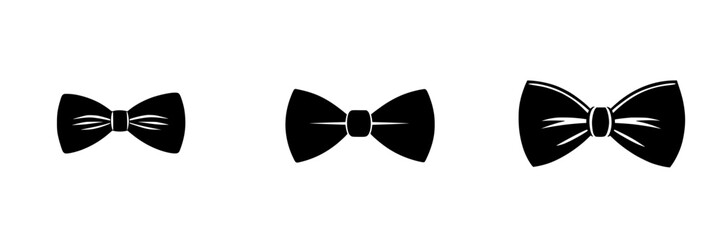 Flat black bow tie icons in varying sizes suitable for digital design, fashion, and graphic projects